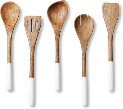 Wooden Spoons for Cooking Set for Kitchen, Non Stick Cookware Tools or Utensils Includes Wooden Spoon, Spatula, Fork, Slotted Turner, Corner Spoon, Set of 5, 12 Inch, Acacia Wood, White