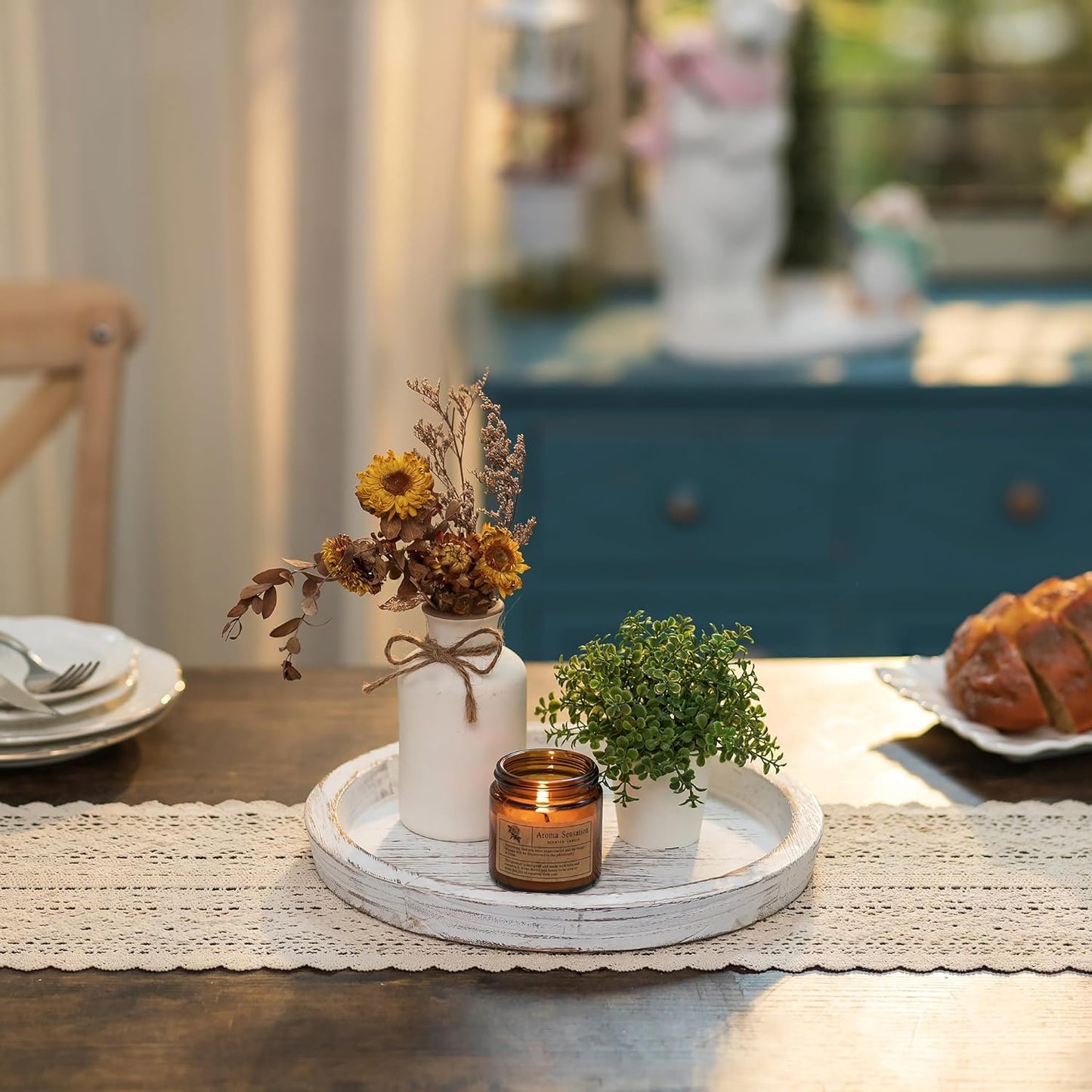 Wooden Candle Holder Tray: round Decorative Candle Plate Farmhouse Table Centerpiece Rustic Wood Tealight Pillar Trays for Christmas Wedding Halloween Home Decor