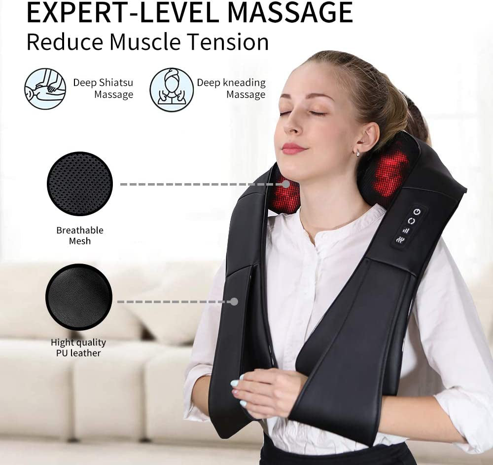 Neck Massager, Deep Tissue 3D Kneading, by , Portable, with Heat, Shiatsu Massager for Neck, Back, Shoulder, Foot and Leg, at Home and Car, Comfort Gifts for Women and Men (Black)