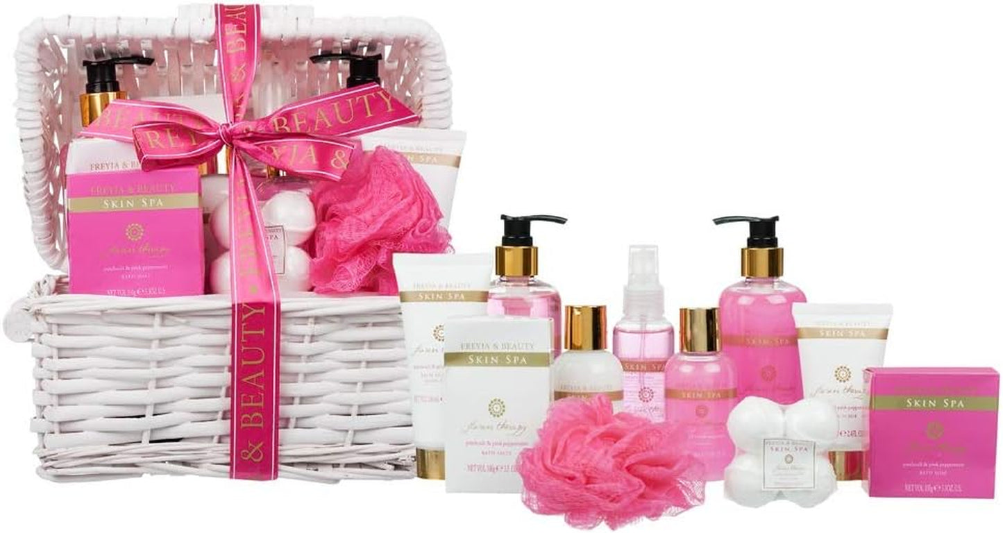 11 Piece Luxurious Patchouli & Pink Peppermint Body & Bath Spa Basket Gift Set - Includes All Bathing Essentials Complete with Large Basket and Bow Ribbon