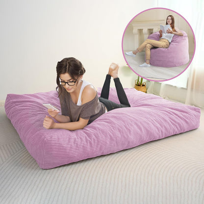 Bean Bag Bed - Convertible Folds from Bean Bag Chair to Bed - Large Sofa with Soft Cover and Fluffy Filling Included for Adult, Couples, Guest (Purple, King)