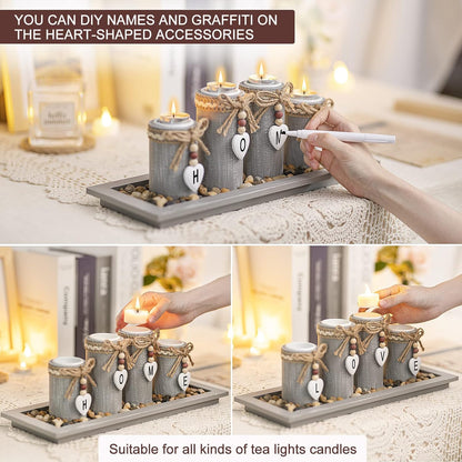 Candle Holder Set of 4 with Wodden Tray, Tealight Holders Candlestick Holder, Table Centerpiece Home Decor Living Room Bedroom Decoration Mum Birthday Gift Wedding Christmas Party Ornaments