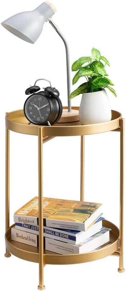 round Side Table Gold End Table, 2-Tier Metal Tray Snack Table Coffee Table Tea Table Nightstand Sofa Table for Living Room Bedroom Balcony Patio