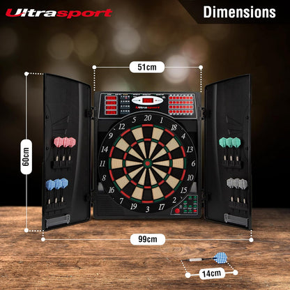 Electric Dartboard, with and without Doors, Dart Machine for up to 16 Players, Including Throw Line, 12 Darts and 100 Soft Tips, Suitable for Parties and Game Nights