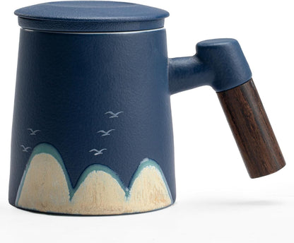 Tea Infuser Mug with Lid.400Ml Ceramic Tea Cup with Sandalwood Handle.Hand Made Pattern on Loose Leaf Tea Mug.Tea Steeping Mug for Gift (Blue)