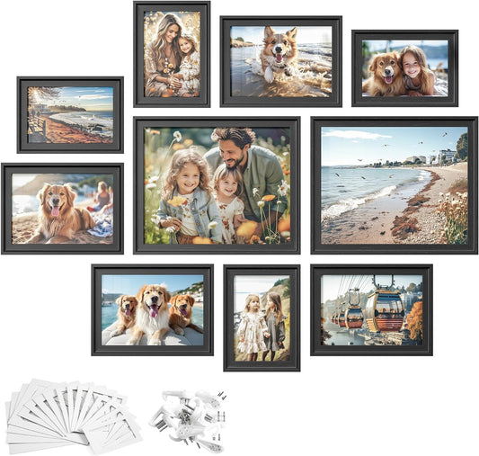 Picture Frames with 16 Mats, Set of 10, Photo Frames with Two 8X10, Four 5X7, Four 4X6 Frames, Hanging or Tabletop Display, MDF and Glass, 12 Non-Trace Nails, Ash Black RPF049B01