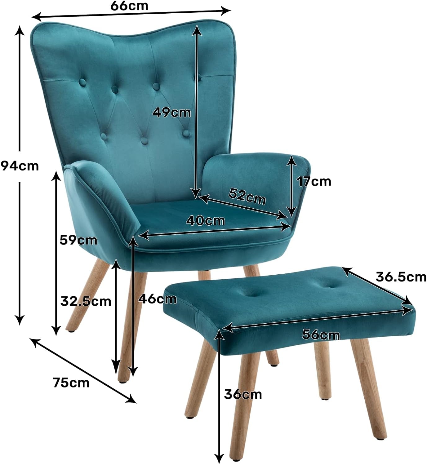 Armchair Living Room Chair, Velvet Accent Chair with Footstool Lounge Leisure Chairs, Reading Chair Bedroom Chair, Teal