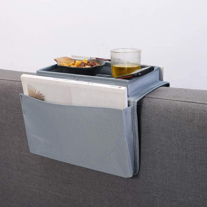 Sofa Candy Organizer with Tray Sofa Armrest Organizer with Cup Holder Couch Armchair TV Remote Caddy Sofa Storage Bag for Phone Tablet Book Magazines DVD Eyeglasses Drinker Snacks Holder Pouch Pocket