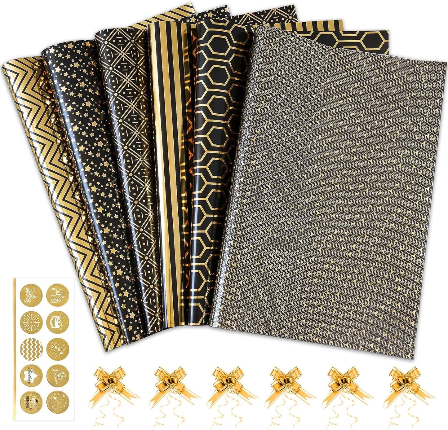 Wrapping Paper, Black and Gold Birthday Wrapping Paper W/Bow & Sticker, 6 Foil Design Gift Wrap Set, Luxury Gift Wrapping Paper Sheet for Birthday, Christmas, Anniversary, New Year, 70X50Cm