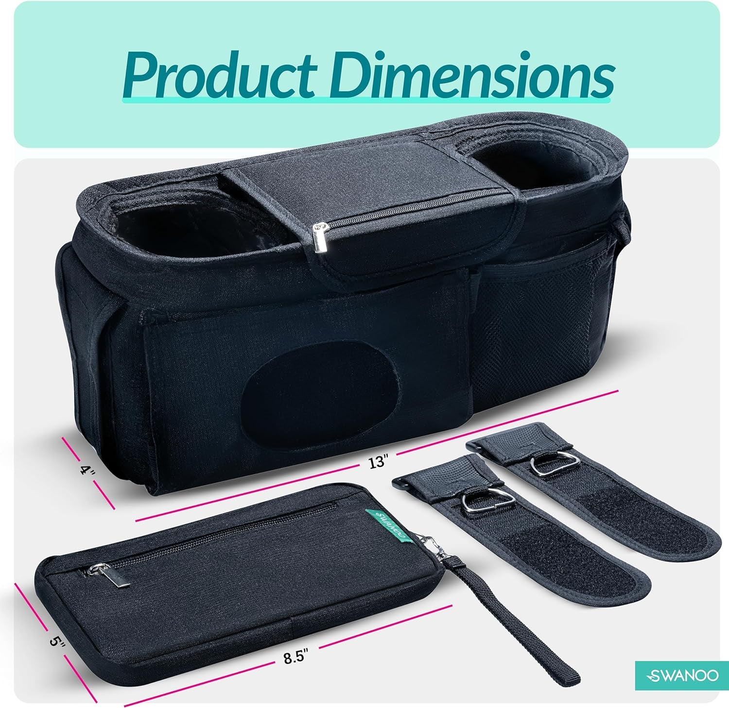 Stroller Organizer Non Slip Straps Stroller Caddy with Insulated Cup Holder, Stroller Bag for Phone, Pet Stroller Accessories, Universal Fits Uppababby Vista V2 Wonderfold Wagon, Doona and More