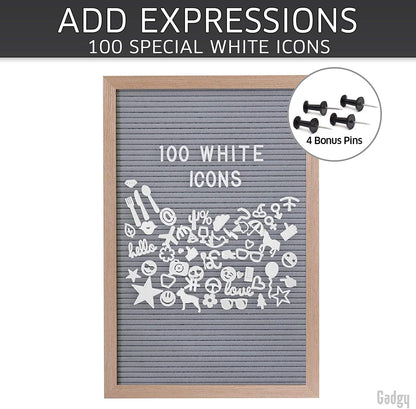 Retro Letterboard Felt Grey | 30 X 45 Cm | MDF + Oak Frame | 510 Letters | 100 Icons | 4 Pins