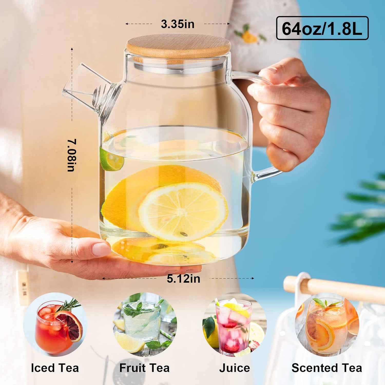 Glass Water Jug Teapot Stovetop Safe with Removable Filter Spout, Jug with Lid/Handle for for Loose Leaf and Blooming Tea, Juice, Milk, Beverage, Hot/Cold Water & Iced Tea,64 OZ(1800ML)