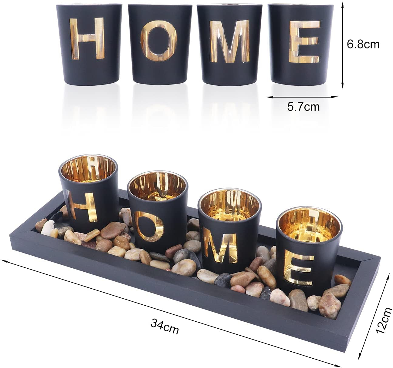 Candle Holder Set, Includes 4 Glass Cups, Natural Stones and Wooden Tray for Table Home Decorations (Home)