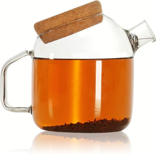 800Ml Glass Teapot for 2 with Spout Strainer | Heat Resistant Borosilicate Glass | Cork Lid and Spout Filter for Loose Leaf Tea, Flowering Tea | Iced Tea Pitcher