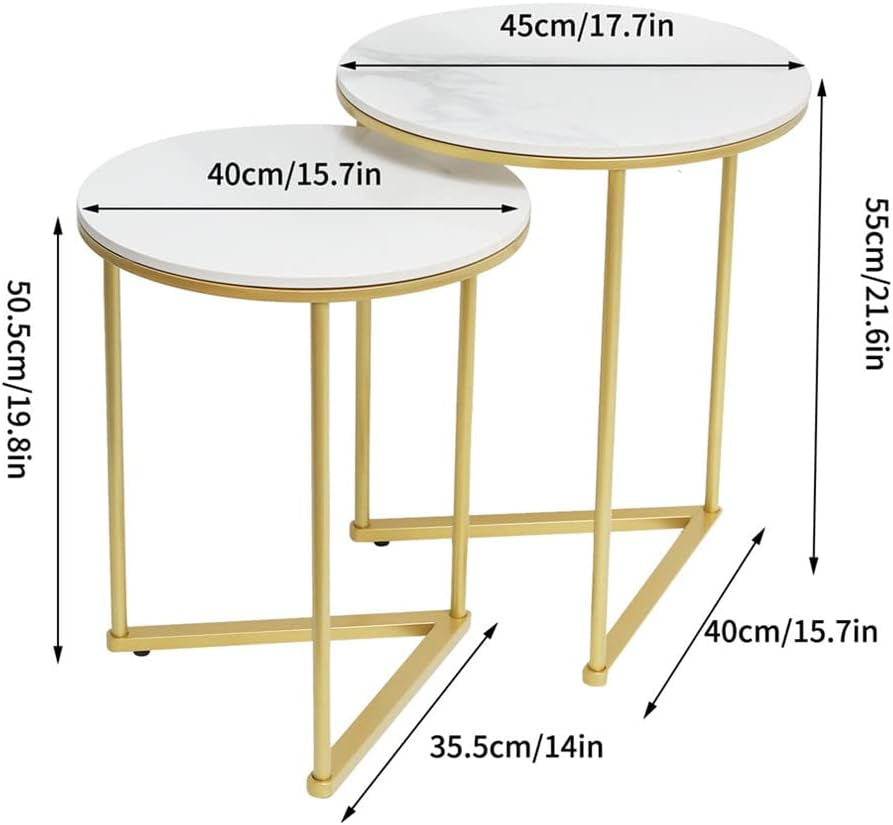 Marble Top Side Table Gold: 2 Nesting Small Sofa End Tables round Bedside Nest Sets High Gloss Sintered Stone Marble Tabletop with Golden Metal Legs Nested Accent Tables for Living Room Offices