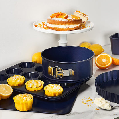 Non-Stick Springform Cake Tin with Loose Base, 23Cm/9In, PFAS Free Carbon Steel, Dark Blue, round Baking Tin/Pan, Bakeware, Cake Mould, Dishwasher Safe