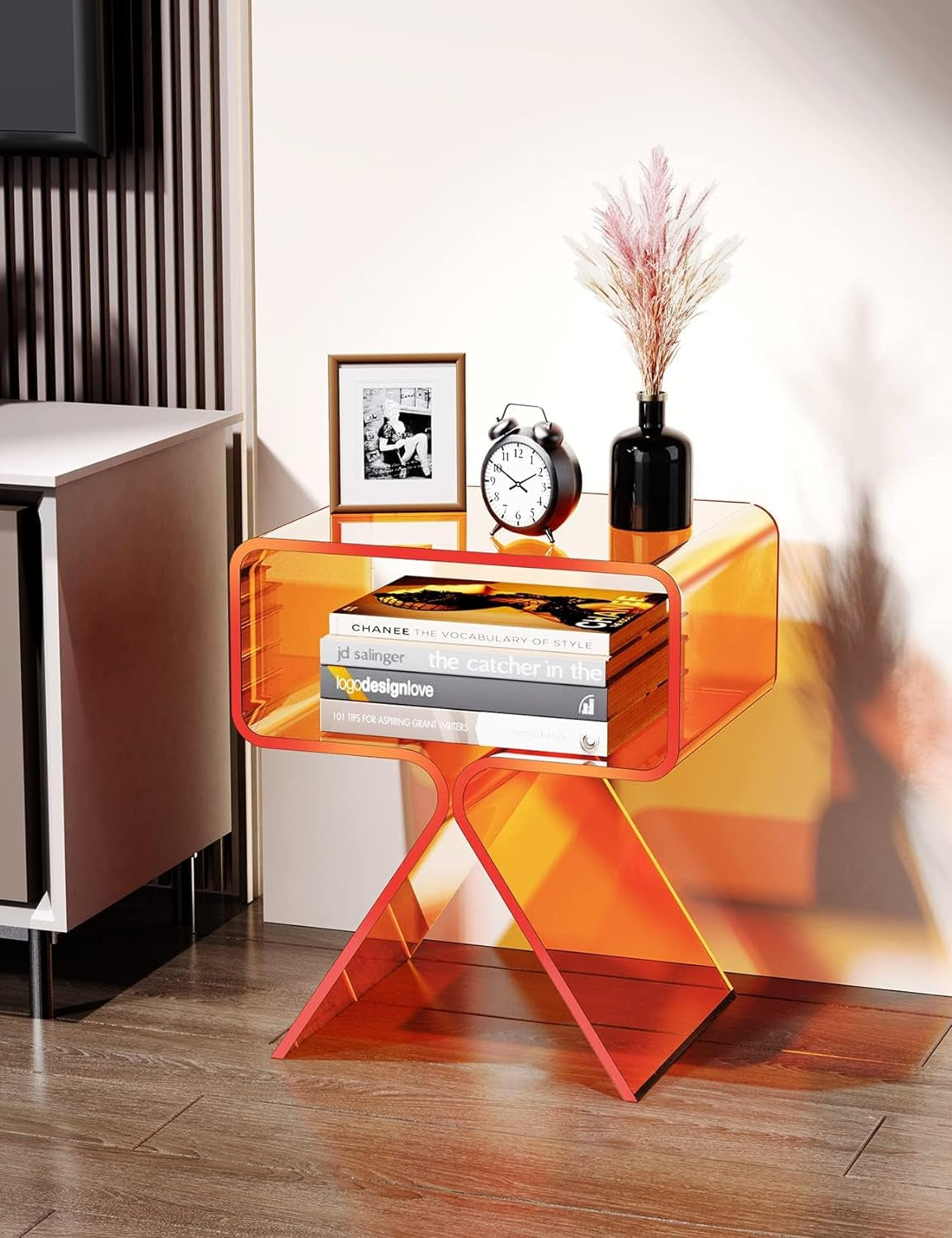 Acrylic Nightstand Side Table Modern Design Clear Home Decor Display End Table for Living Room (Orange)