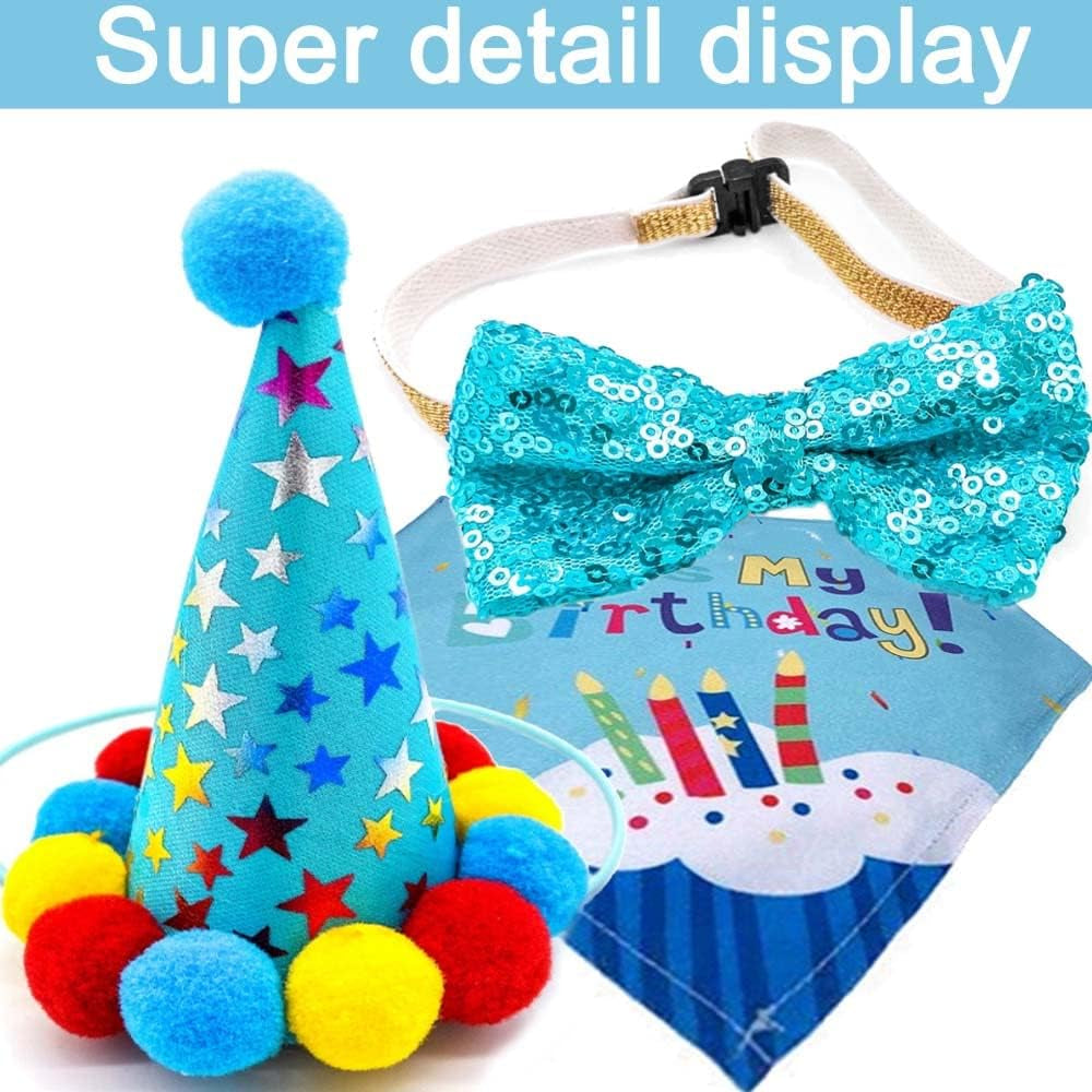 Dog Birthday Bandana Set, with Cute Doggie Birthday Party Hat and Bow Tie, for Cat and Dog Decoration(Blue)