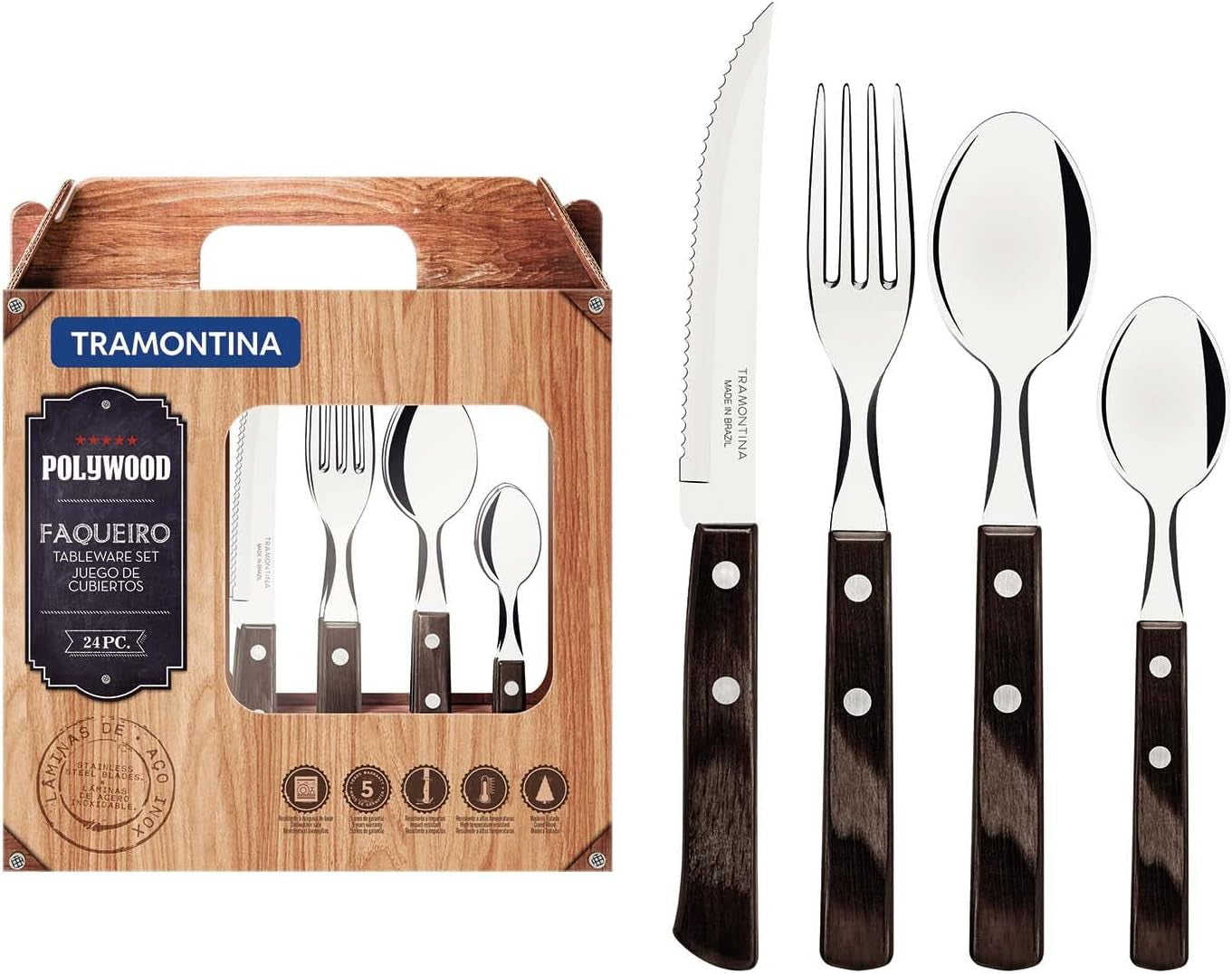 Cutlery Set with Steak Knives, 24 Piece Sharp Knife, Forks, Teaspoons, Tablespoons with Wooden Handles, ‎Camping, Kitchen, Rustic, Dishwasher Safe, 21199905