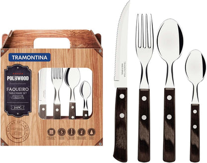 Cutlery Set with Steak Knives, 24 Piece Sharp Knife, Forks, Teaspoons, Tablespoons with Wooden Handles, ‎Camping, Kitchen, Rustic, Dishwasher Safe, 21199905