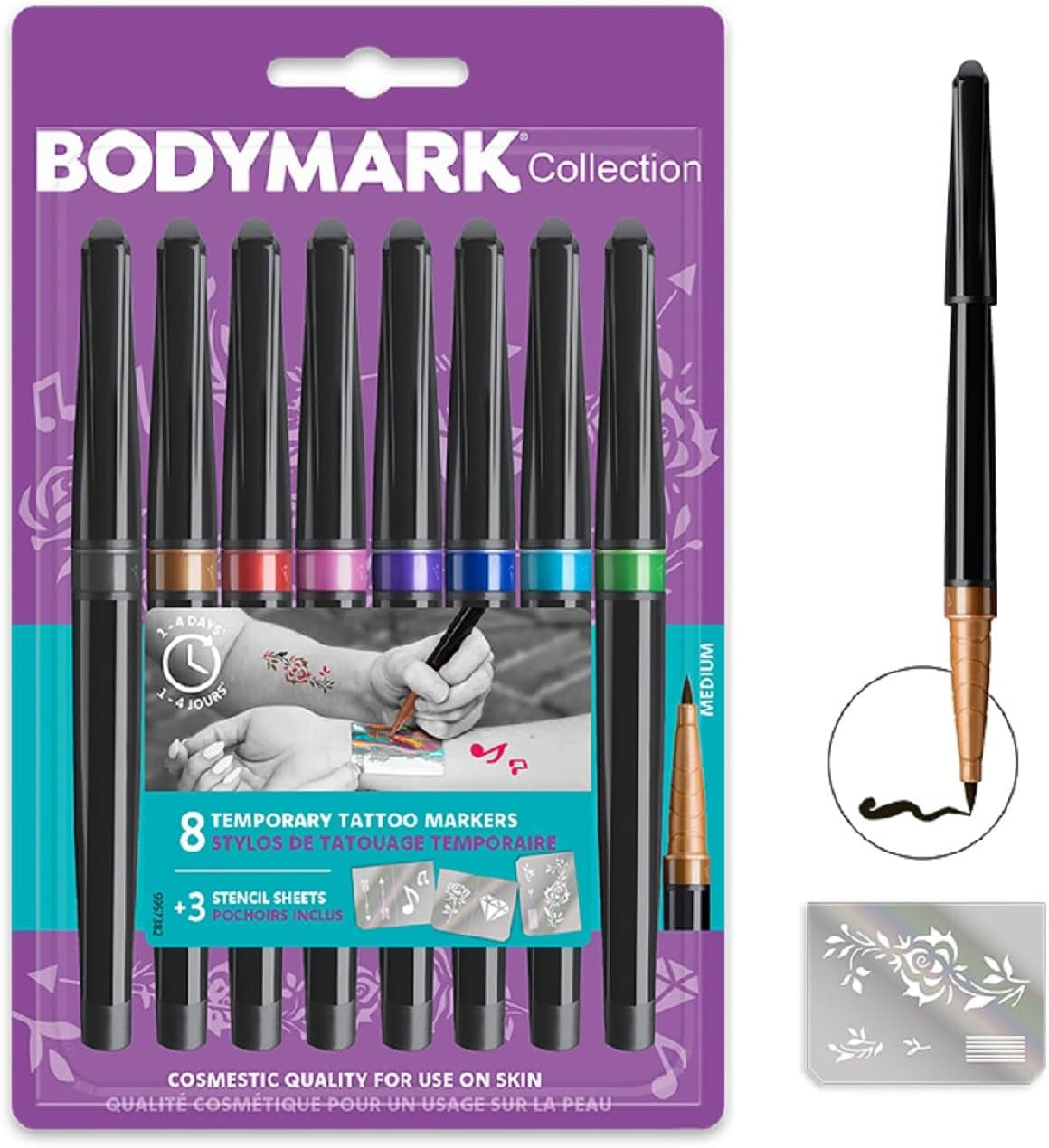 Bodymark COLLECTION - Temporary Tattoo Markers, Cosmetic Quality for Use on Skin - 8 Assorted Colours and 3 Stencil Sheets - Let Your Imagination Run Wild by Creating Body Art - Pack of 8+3