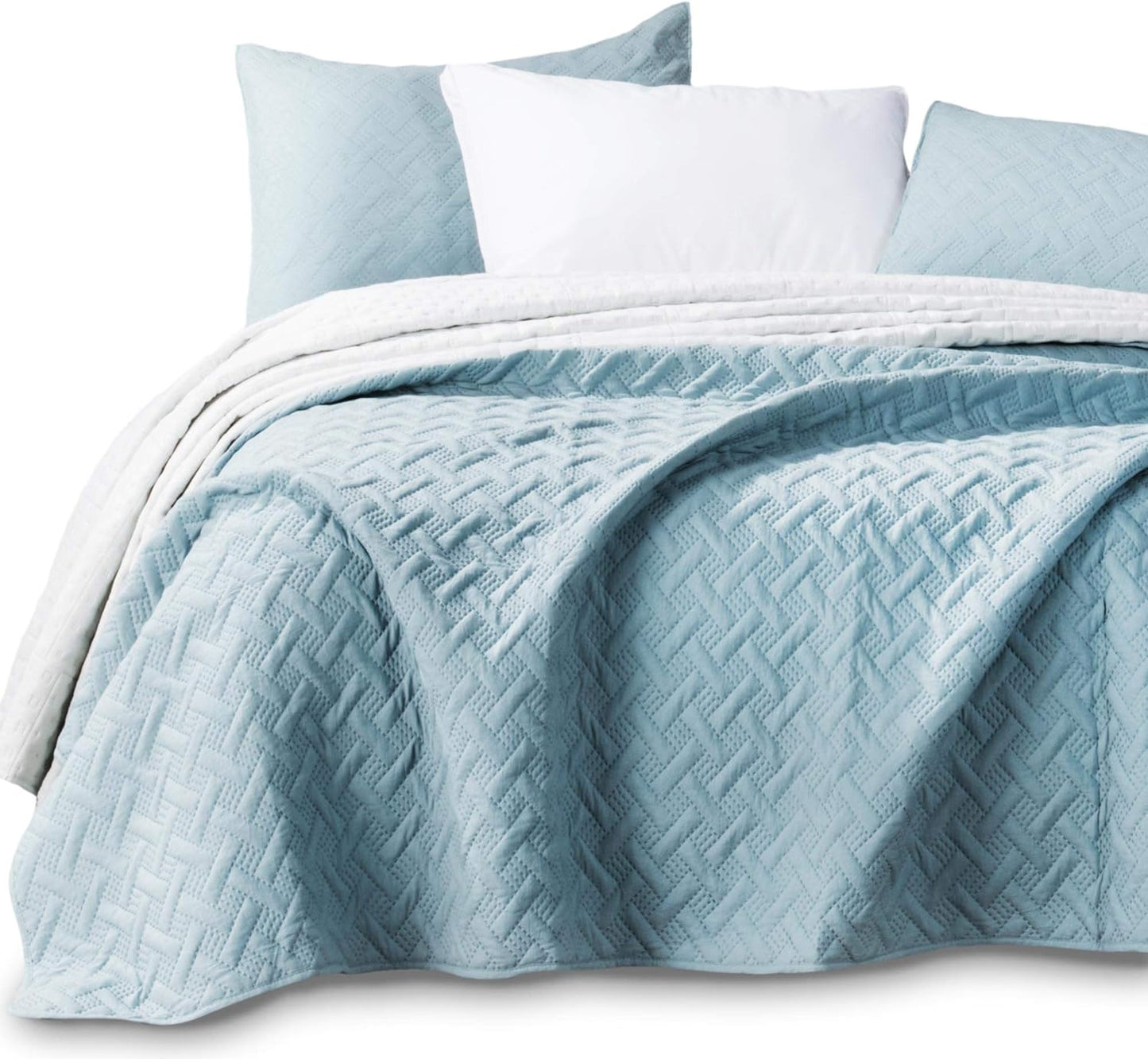 Coverlet 3-Pc Mini Bedding Set-All Season Lightweight Ultra Soft Stonewashed Blanket-Heat-Pressed 2-Tone Reversible Color, 100% Polyester Filling, Aqua Green/Fairest Jade, King Shams