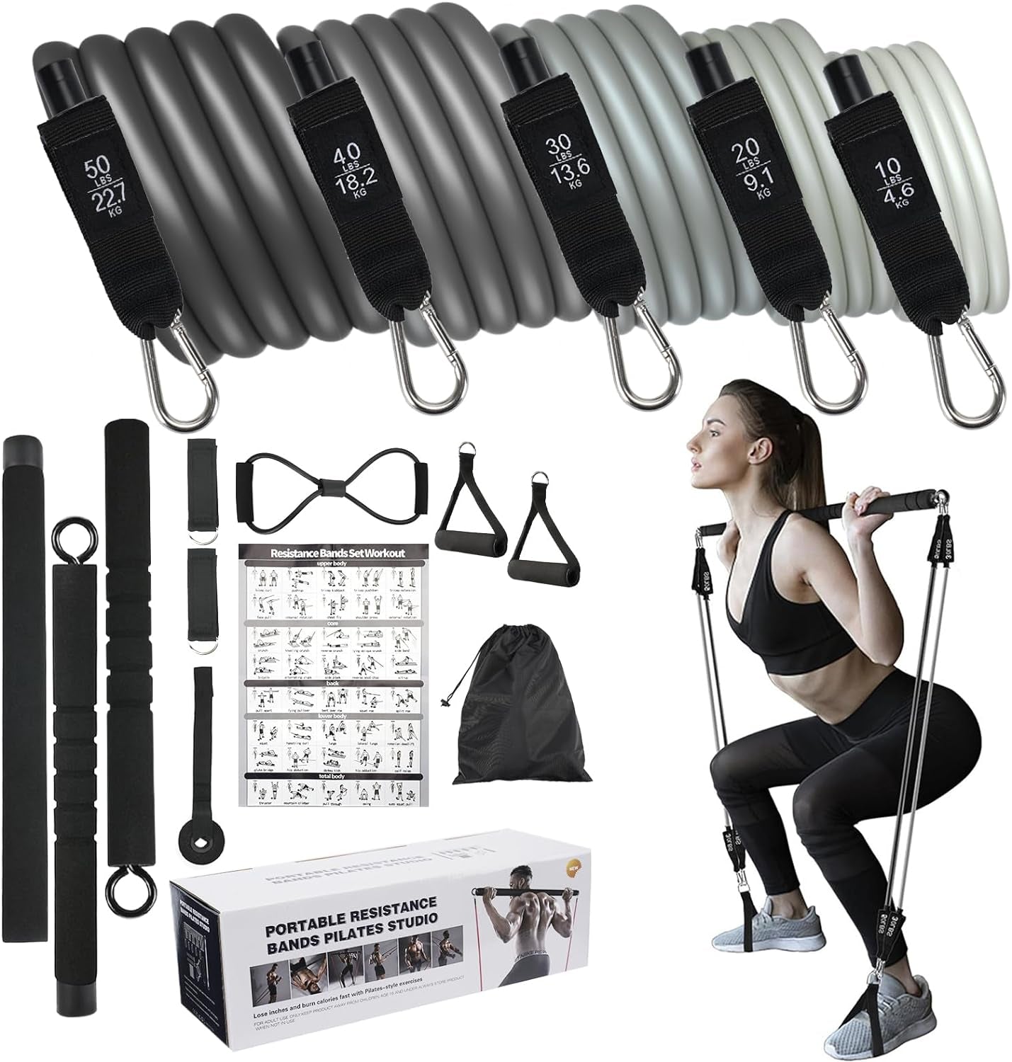 Pilates Bar Set with 5 Latex Resistance Bands, Pilates Bar Kit, Exercise Bands Resistance, 3 Section Pilates Bar Portable Home Workout Fitness Equipment