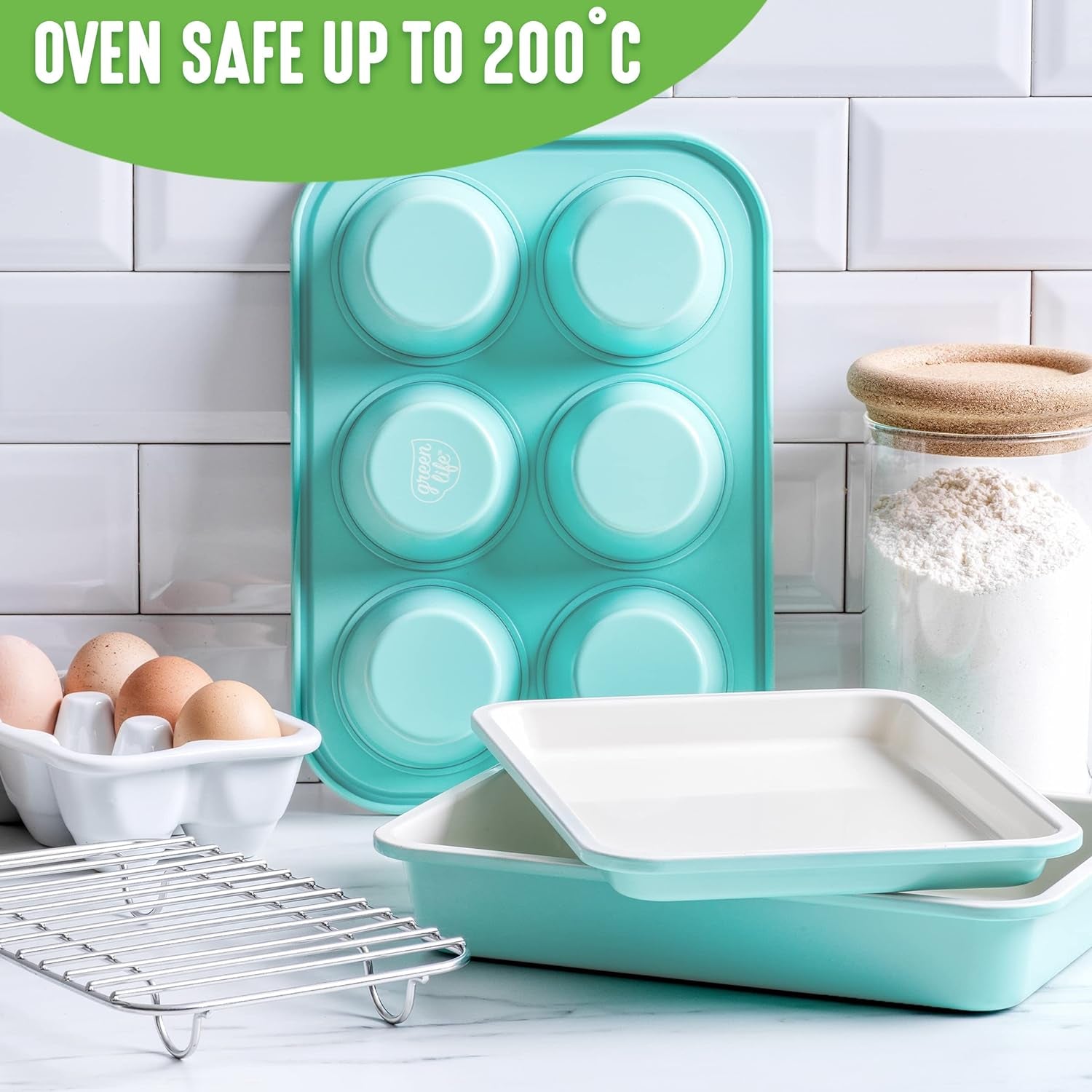 Bakeware Healthy Ceramic Nonstick Toaster Oven Mini 4 Piece Baking Set, Includes 6-Cup Muffin Tin, Rectangular Cake Tin, Baking Tray & Cooling Rack, Pfas-Free,Oven Safe up to 230°C,Turquoise