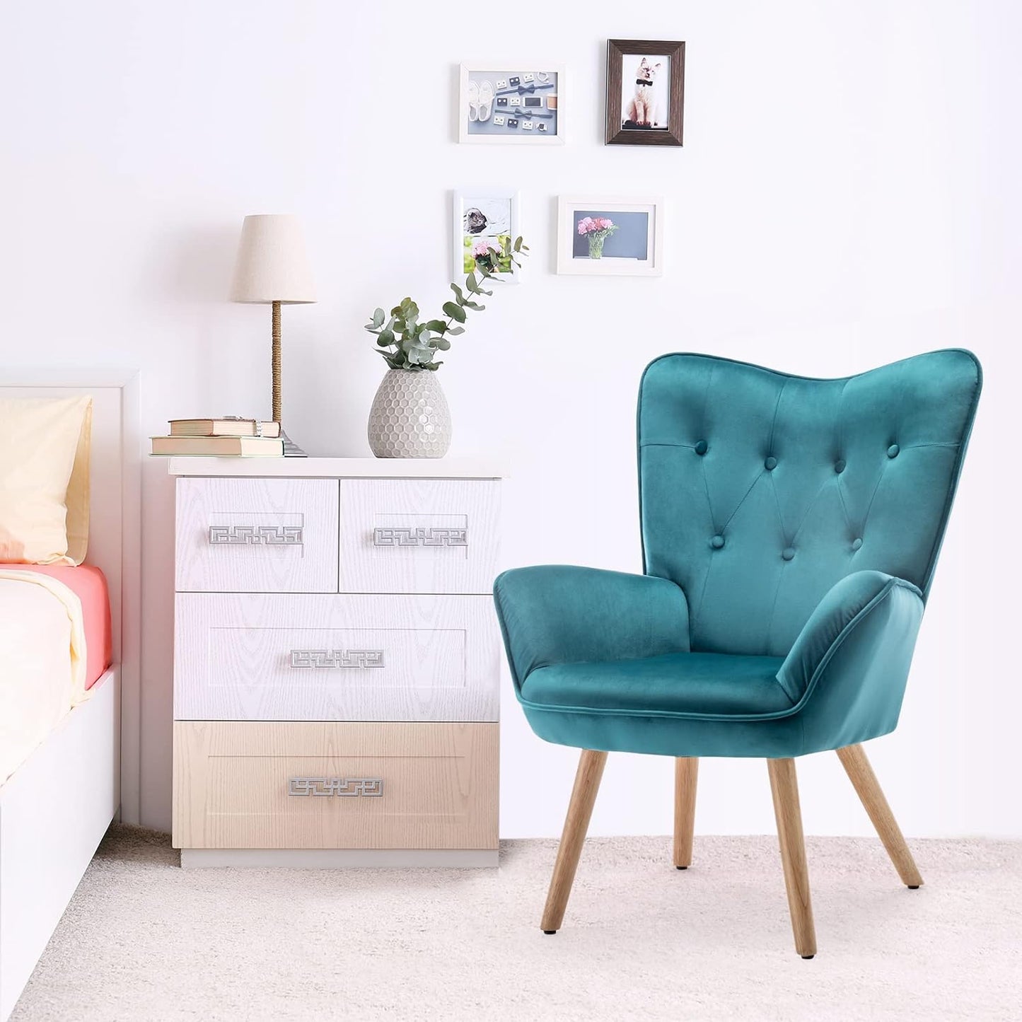 Armchair Living Room Chair, Velvet Accent Chair with Footstool Lounge Leisure Chairs, Reading Chair Bedroom Chair, Teal