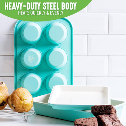 Bakeware Healthy Ceramic Nonstick Toaster Oven Mini 4 Piece Baking Set, Includes 6-Cup Muffin Tin, Rectangular Cake Tin, Baking Tray & Cooling Rack, Pfas-Free,Oven Safe up to 230°C,Turquoise