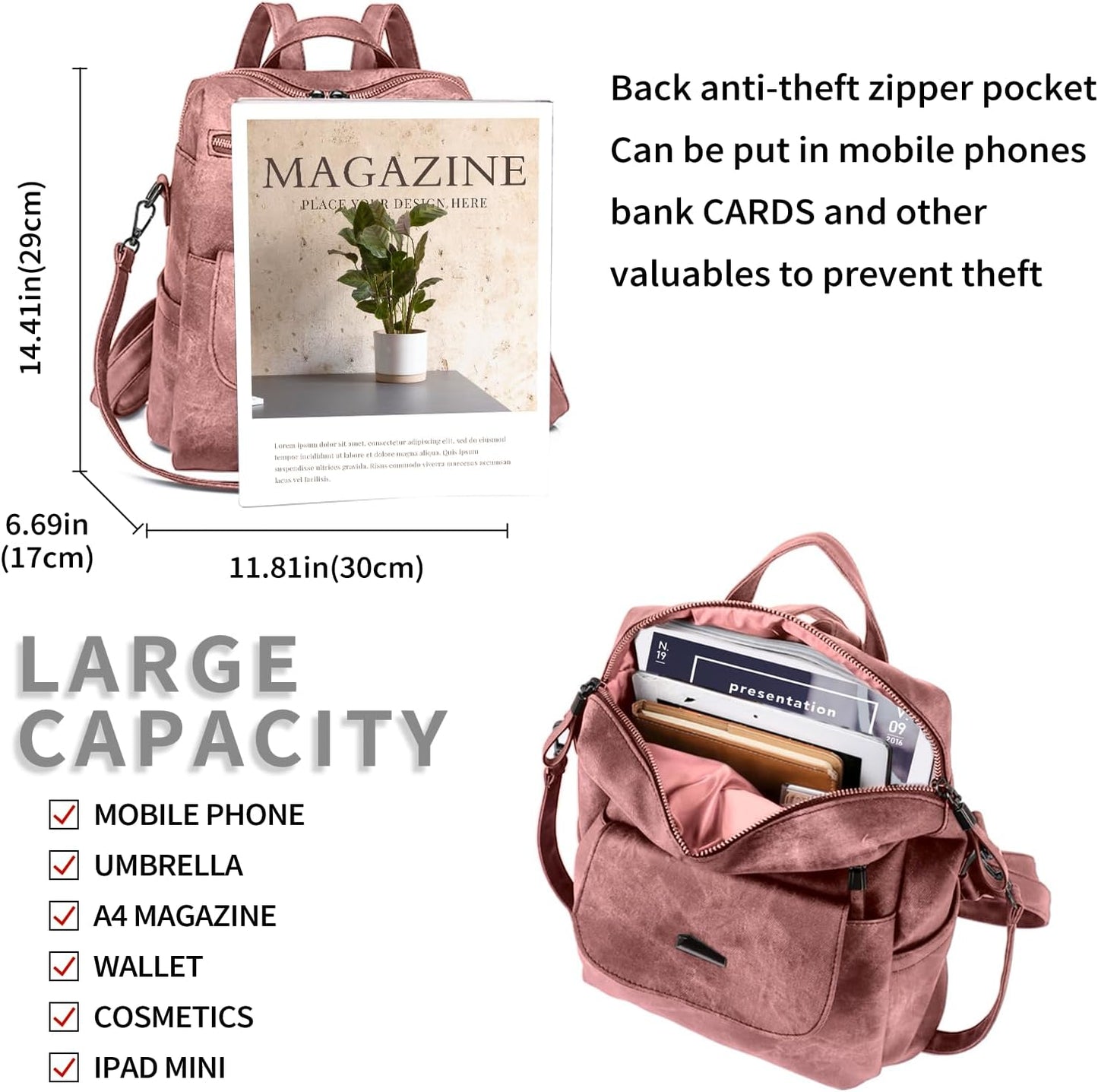 Women Backpack Waterproof Anti-Theft Lightweight PU Fashion Travel Multipurpose Convertible Purse Shoulder Bag Handbag Backpack